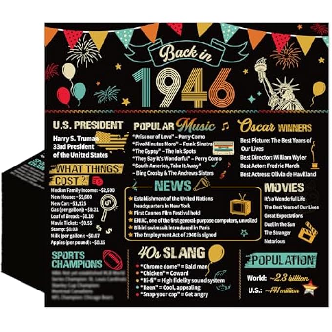 PACK OF 50 NAPKINS 80TH BIRTHDAY MAN WOMAN DECORATION 80TH BIRTHDAY NAPKINS BLACK GOLD FOR MEN AND WOMEN 1946 PAPER HANDKERCHIEFS HANDKERCHIEFS PARTY DECORATION - Image 1